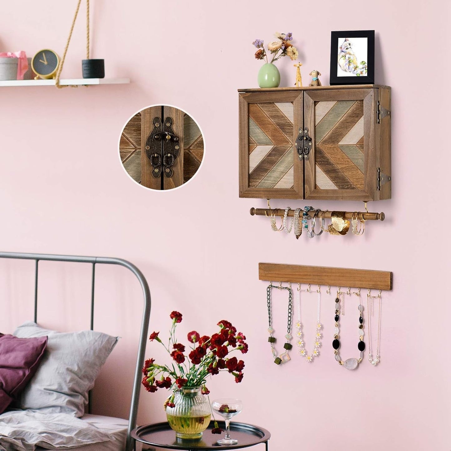 Rustic Wooden Jewelry Organizer Wall Mounted Holder with Removable Bracelet Rod and Hooks for Necklaces Earrings Bracelets Rings