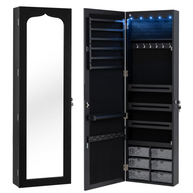 Door Hanging Mirror Jewelry Armoire with Full Length Mirror and 6 Drawers